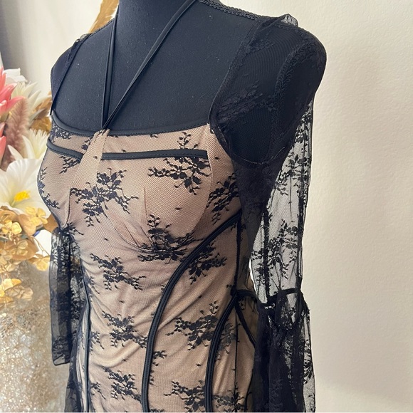 Whimsygoth Black Lace Overlay Fitted Mini Dress with Lace Bell Sleeves NWT - Picture 2 of 10